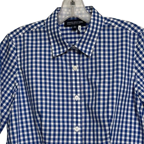 Jones New York Signature Button-Up Top Womens Medium Petite Blue & White Gingham - Picture 3 of 10